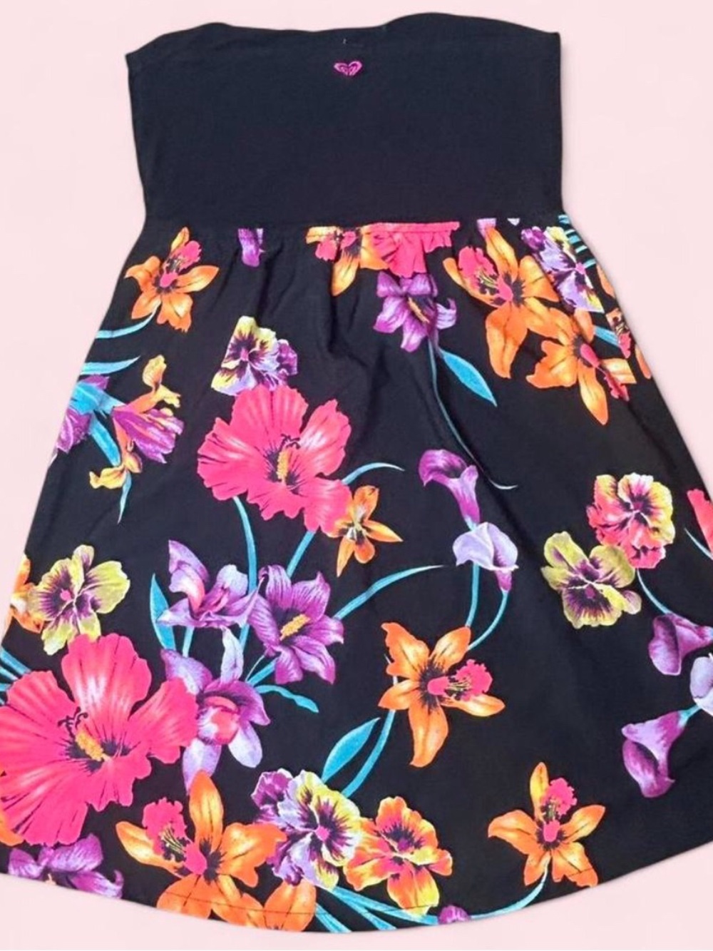 Roxy Strapless Floral Dress in Black with Pink, Orange & Purple Flowers